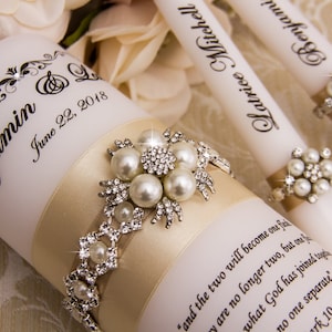Wedding Unity Candle Set with Champagne Ribbons and Pearl Jewels