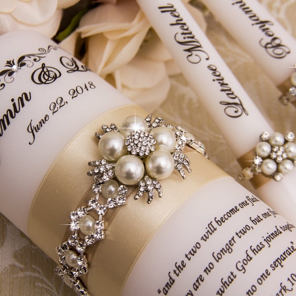 Wedding Unity Candle Set with Champagne Ribbons and Pearl Jewels