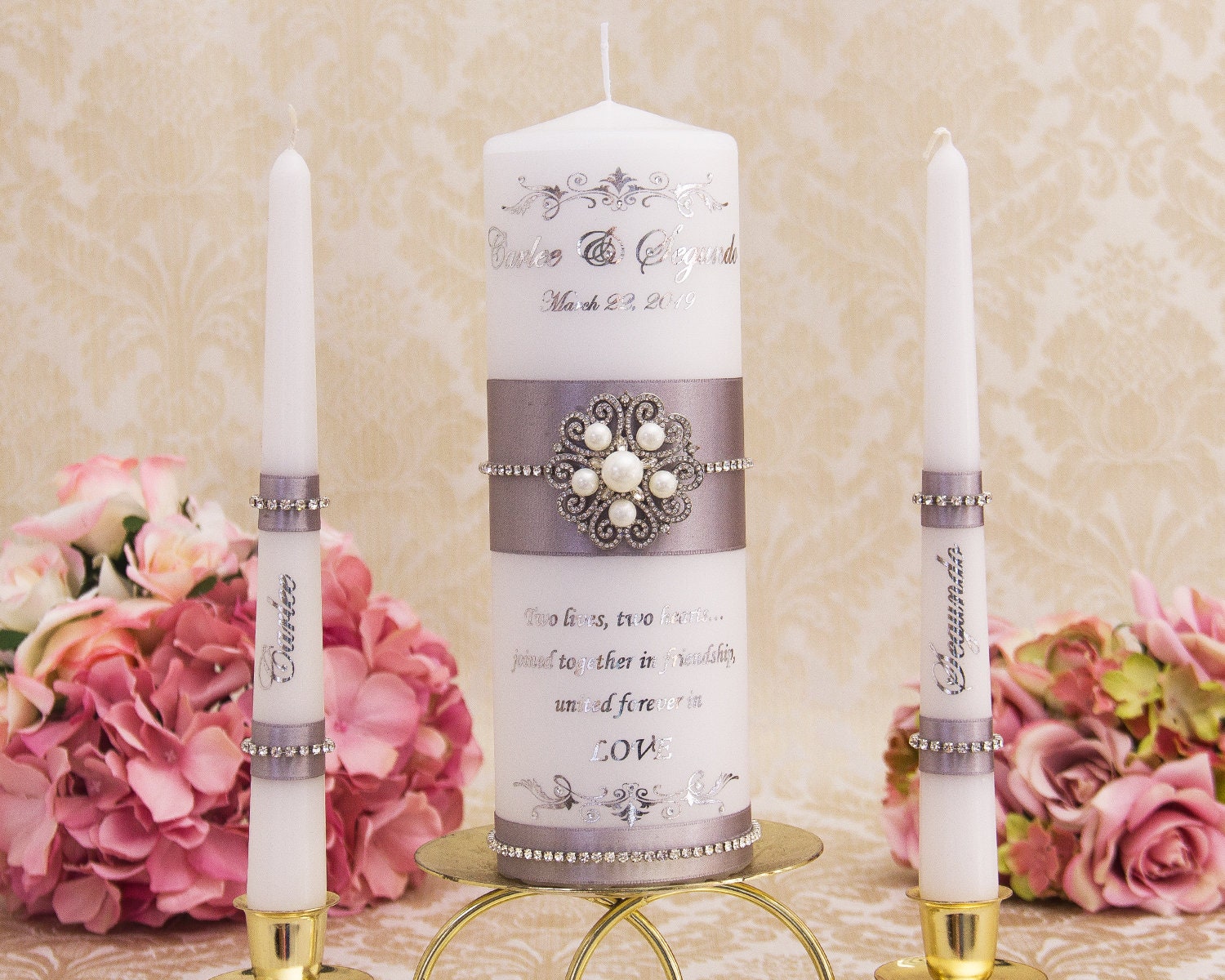 Personalized Wedding Unity Candle Set in White and Silver | Etsy