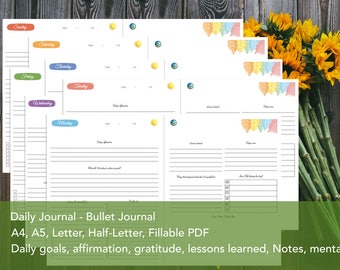 Daily Planner Printable - Bullet journal - Contains: Habit tracker, gratitude, affirmations and more - half-letter, A4, A5, fillable PDF