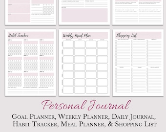 Printable Personal Planner Inserts, Goal Planner, Weekly Planner, Habit tracker and meal planner, A4, Letter and Fillable PDF