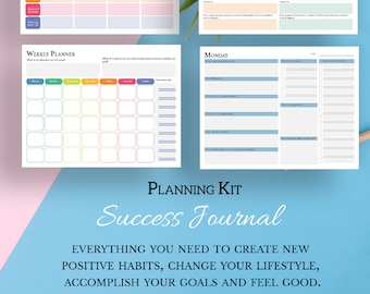 Success planner, planning kit with goal planner, monthly planner, weekly planner, planning sheets and review shee