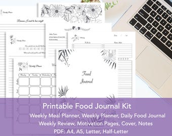 Food Journal Kit Printable, Daily Food Journal, Meal Planner, Week Planner, Weekly Review, Commitment Contract, Motivation, Cover Pages, PDF