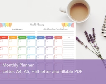 Monthly Planner printable, bullet planner, printable planner, A5, Half-size, fillable in PDF