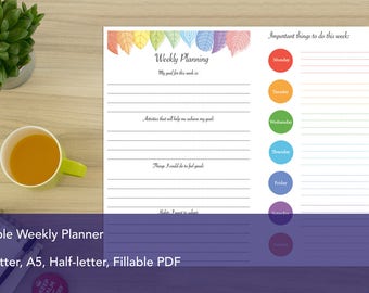 Weekly Planner Printable, Establish goals, Prioritize, agenda, habit tracker - Planner A4, Letter, A5, Half-letter