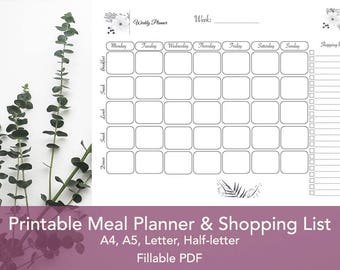 Meal Planner Printable, Weekly Meal Planner, Shopping list,  A4, A5, Letter & Half-Letter, Fillable PDF