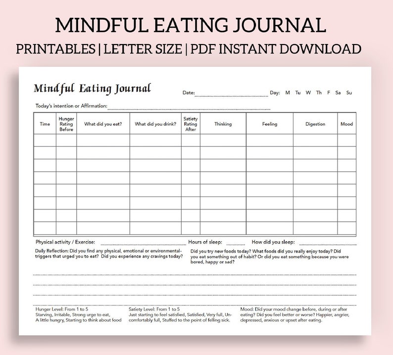 Mindful Eating Journal Printable And Fillable PDF Intuitive Etsy