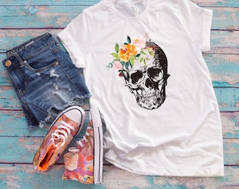 Skull and Flowers T-shirt: Spooky Emo Fashion Tee