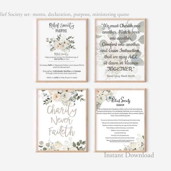 Relief Society bulletin board set, declaration, motto, ministering quote, purpose, white winter floral, printable