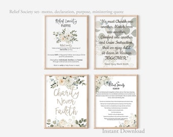 Relief Society bulletin board set, declaration, motto, ministering quote, purpose, white winter floral, printable