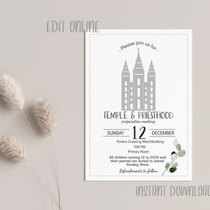 Temple and Priesthood preparation meeting invitation, editable, printable, lds, neutral, instant download
