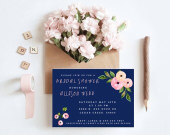 Blue and floral bridal shower invitation digital printable custom template 5x7