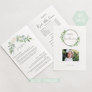 Greenery lds girls baptism program floral template printable custom editable