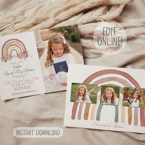 Boho rainbow modern girls lds baptism printable custom  digital editable invitation template