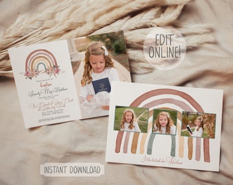 Boho rainbow modern girls lds baptism printable custom  digital editable invitation template