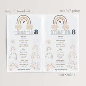 May include: Two printable 5x7 inch cards with a rainbow design and the text "It's Great to Be 8" in a light brown font. The cards list the order of events for an 8th birthday celebration, including welcome, opening prayer, opening song, talks, testimonies, closing song, closing prayer, and refreshments served.