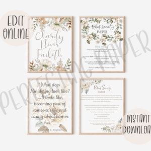 Relief Society bulletin board set, autumn, floral, declaration, motto, purpose, ministering quote, printable 8x10