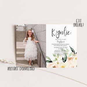 Creamy white floral girls baptism invitation digital template editable custom announcement printable instant download