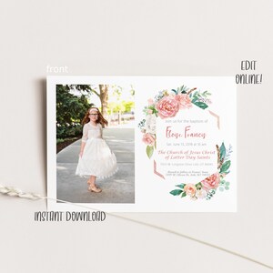 Rose gold floral frame girls baptism invitation lds instant download, editable, printable