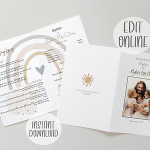 May include: A printable baptism program with a rainbow and sun design. The program includes a welcome message, song lyrics, and a section for the baptism details. The text reads "Welcome to the Baptism of Ryker Lee Davis".