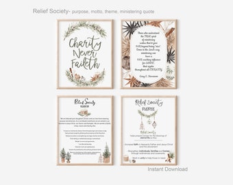 Relief Society declaration, motto, theme, ministering quote, bulletin board, christmas, winter, printable