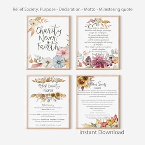 以下が含まれることがあります： 秋のテーマのフラワーデザインと、慈善、信仰、救済協会の目的についてのインスピレーションを与える引用を組み合わせた、4つの印刷可能なデジタルアートプリント。プリントには、オレンジ、イエロー、ブラウンの色合いのヒマワリ、カボチャ、秋の葉が描かれています。