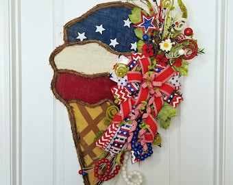 Summer Wreath for Front Door, Patriotic Door Hanger for Summer, Ice Cream Door Hanger for July 4, Everyday Summer Wreath
