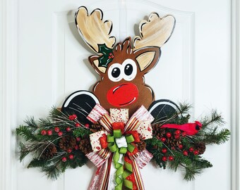 Red Nose Reindeer Door Hanger for Christmas, Farmhouse Door Hanger, Christmas Wreaths for Front Door, Christmas Door Hanger