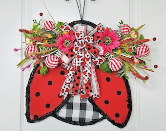 Ladybug Wreath for Front Door, Ladybug Door Hanger, Farmhouse Wreath for Porch, Everyday Spring and Summer Wreath