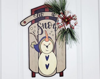 Snowman Door Hanger for Winter, Let it Snow Sleigh Door Hanger, Winter Front Door Decor, Snowman Front Door Wreath