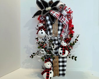 Christmas Gift Arrangement, Whimsical Centerpiece for Table, Snowman Arrangement for Table Top, Holiday Table Centerpiece with Poinsettia,