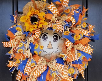Fall Scarecrow Sunflower Wreath, Thanksgiving Door Hanger, Halloween Decorations, Country Farmhouse Wreath for Front Door