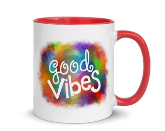 Colorful Good Vibes Mug, Beach Coffee Mug, Vacation Coffee Cup, Hostess Gift