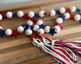 Patriotic Wooden Bead Garland: Red, White & Blue Star Decor