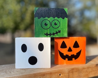 Wood Block Signs: Frankenstein, Pumpkin, Ghost Decor