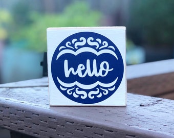 Blue Hello Wood Sign - Tiered Tray Decor