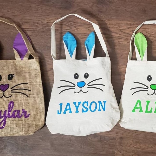 Personalized Bunny bags. They come in pink, purple, green and blue. Great for Easter or Easter egg hunt. Customized to your liking.