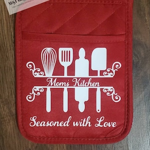 Personalized potholder. Any name's kitchen Seasoned with love. Personalized with any name. Mom's Kitchen. Nana's Kitchen. Includes 1 holder.