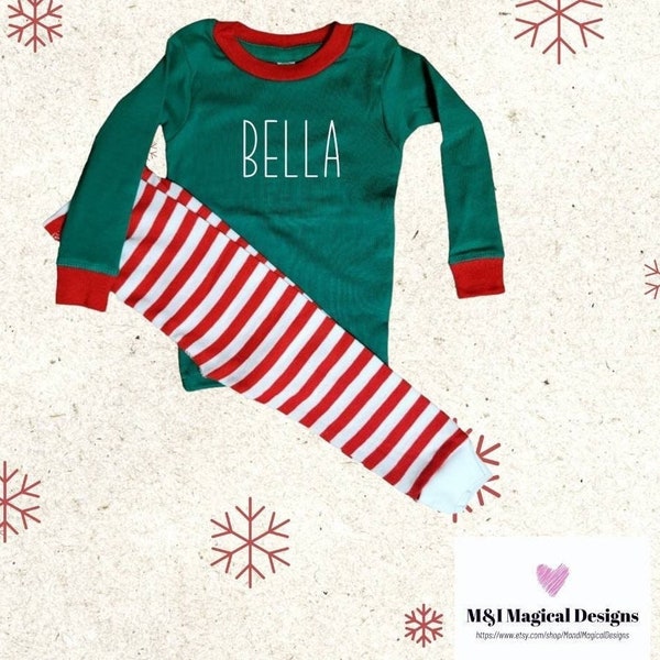 Personalized Christmas pajama set for baby and toddler. Cpsia compliant. Best gift ever with name or just name.
