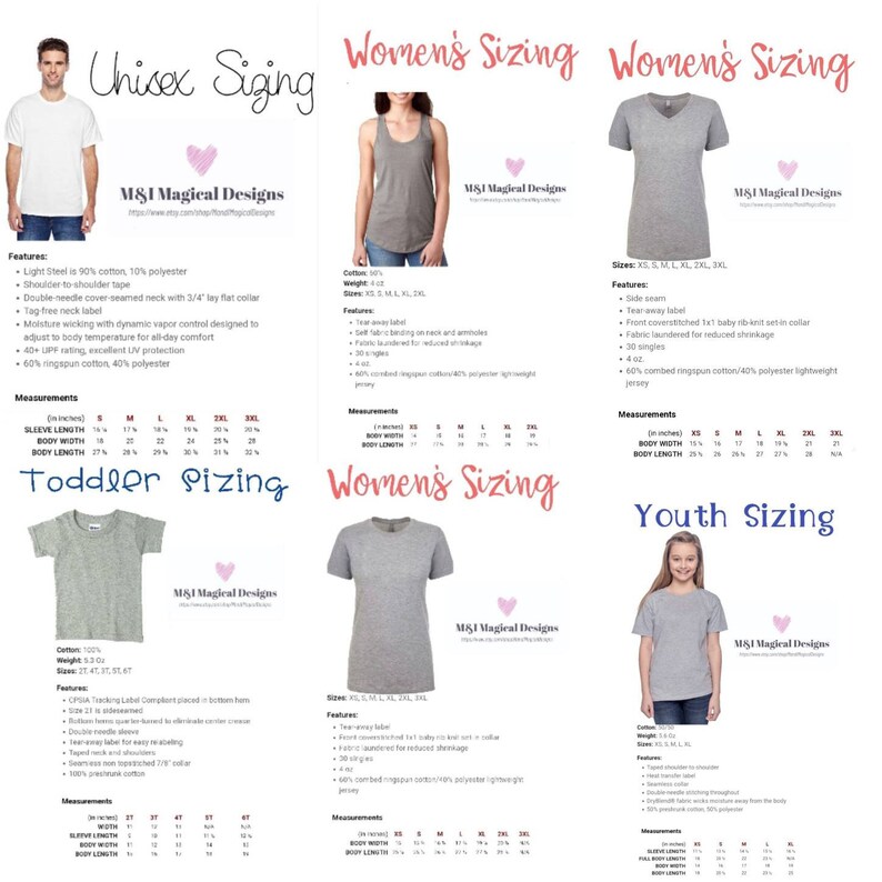 May include: A size chart for unisex, women's, toddler, and youth t-shirts. The chart shows the measurements in inches for each size, including sleeve length, body width, and body length. The chart also includes information about the fabric composition and features of the shirts.