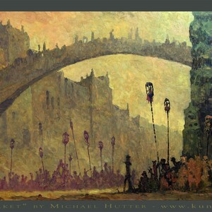 May include: A painting depicting a bustling city scene with a large archway bridge in the background. The scene is filled with people and buildings, all rendered in a muted palette of browns, greens, and yellows. The painting has a dreamlike quality, with the figures and buildings appearing slightly blurred and indistinct.
