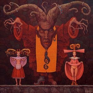 May include: A painting of a large, dark-skinned figure with a tree-like head and horns. The figure is wearing a red and orange robe and has a long, black beard. Two smaller figures, both with blonde hair and wearing pink and red dresses, stand on either side of the large figure.