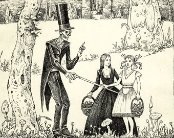 Death is teaching two Girls - original etching
