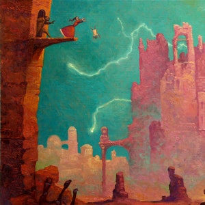 May include: An original painting depicting a surreal landscape with a castle and figures. The artwork features a color palette of pinks, oranges, and blues, with lightning bolts and a dramatic sky. The style is reminiscent of fantasy art.