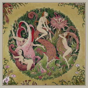 May include: A surreal illustration of three nude figures intertwined with a pink and green octopus-like creature in a lush, floral setting. The figures are surrounded by intricate details of leaves, flowers, and other organic shapes.