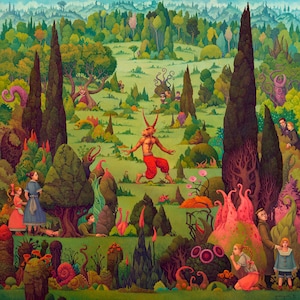 May include: A whimsical illustration of a fantastical forest with a red-clad figure with horns and a tail, surrounded by trees, flowers, and other creatures. The scene is painted in vibrant colors and features a variety of textures.