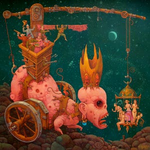 May include: A surreal painting depicting a monstrous, pink creature with a crown and a gaping maw. The creature is pulling a carriage with a group of people inside. A cage with people inside is suspended from the creature's head.