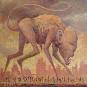 May include: A painting of a monstrous, humanoid creature with a long tail, walking on all fours. The creature has a large head with a pointed snout and sharp teeth. It is walking through a city, with many small figures of people in the background.
