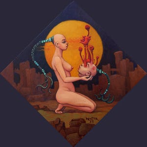 May include: An artistic painting depicts a nude figure kneeling, holding a detached head with red, flower-like growths. A large yellow orb is in the background. The figure has blue braided hair. The artwork is signed "PHUTTER 25".