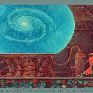 May include: A woman in a red dress sits in a wheelchair facing a large, blue orb with a swirling galaxy inside. The orb is on a metal stand with intricate details. The background is a dark, industrial setting with pipes and machinery.